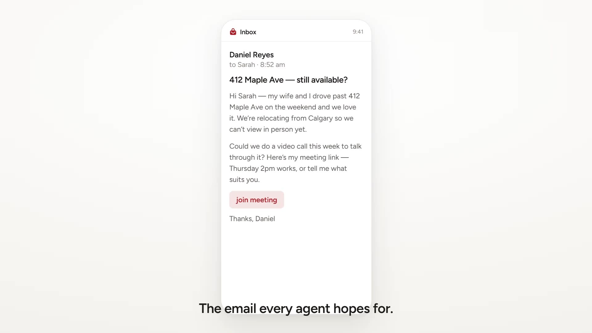 A fake buyer inquiry about 412 Maple Ave, open in an inbox
